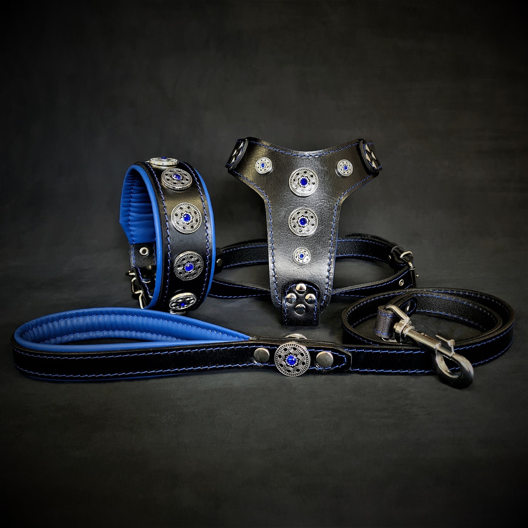 The ''Bijou'' SET -  Collar, Harness, Leash. Blue-0