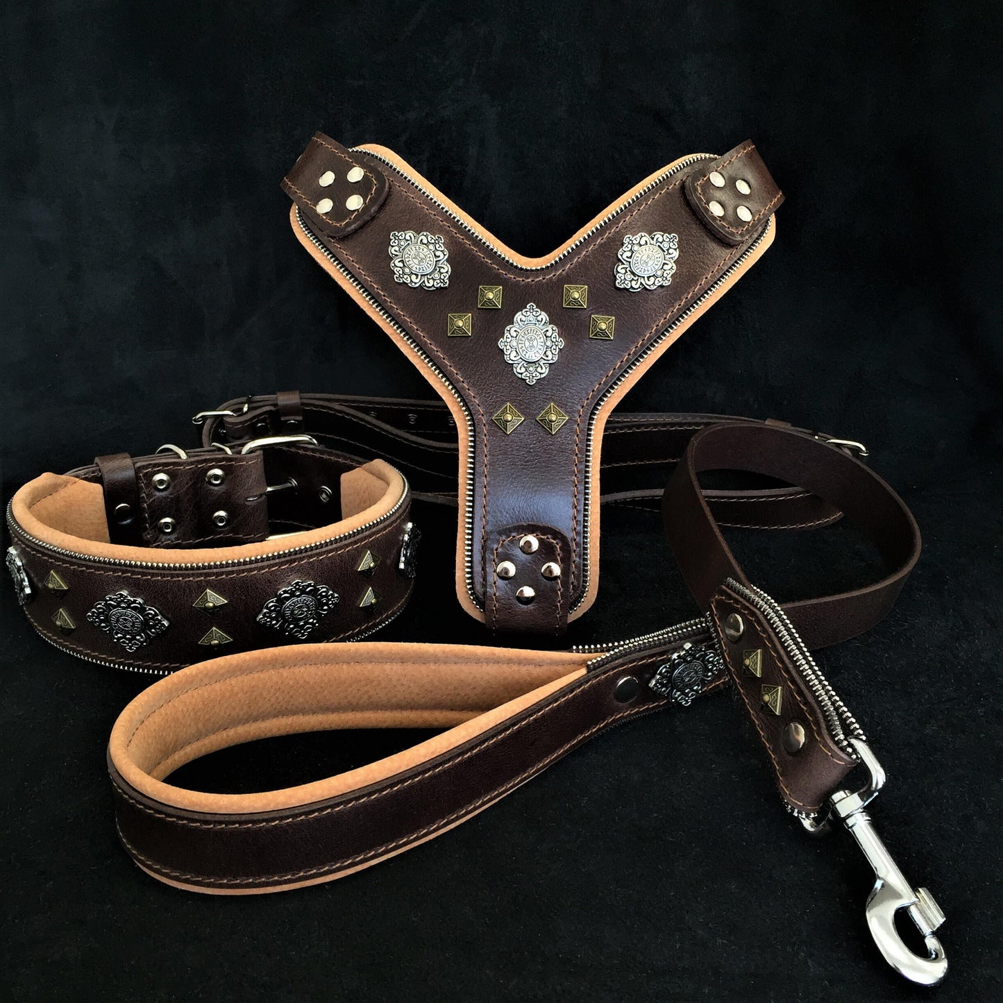 "AZTEC" BIG dog SET - Harness - collar - lead. Brown-0