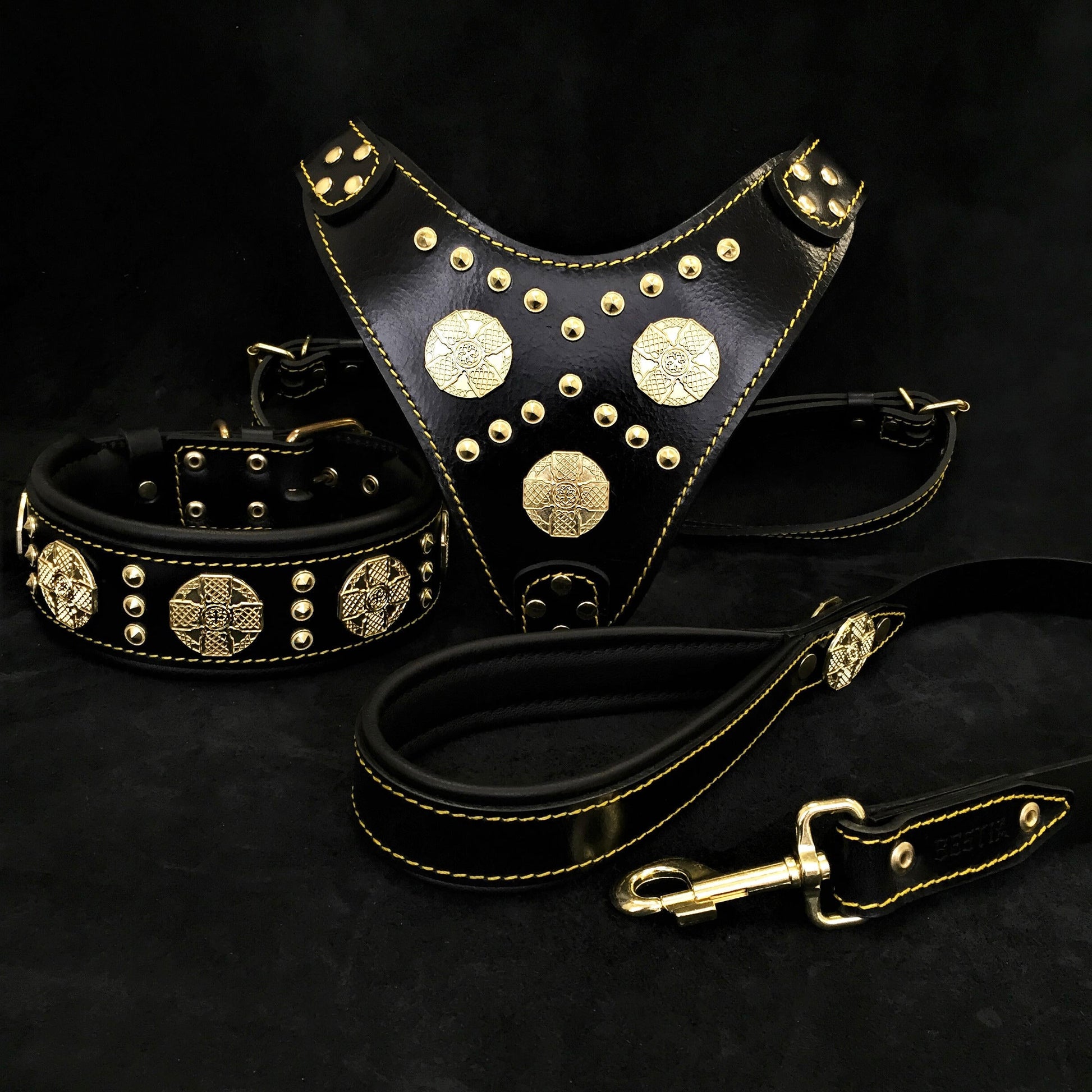 "Maximus Black" BIG dog SET- Harness - collar - lead. Brass rivets-0