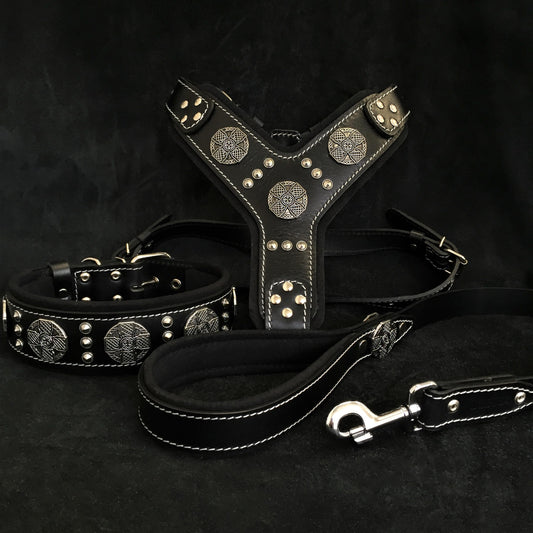 "Maximus Silver" BIG dog SET- Harness - collar - lead. Black-0